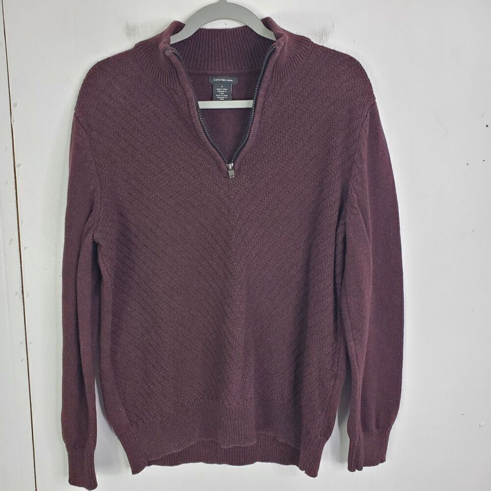Calvin Klein Quarter Zip Mens M Pullover Marled Red Black Textured Striping